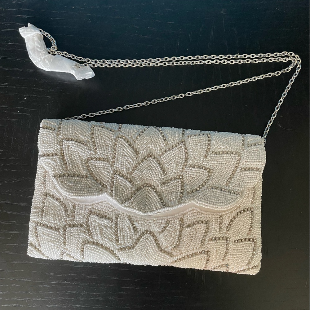 Badgley Mischka Cream Clutch with Geometric Pattern and Silver Chain